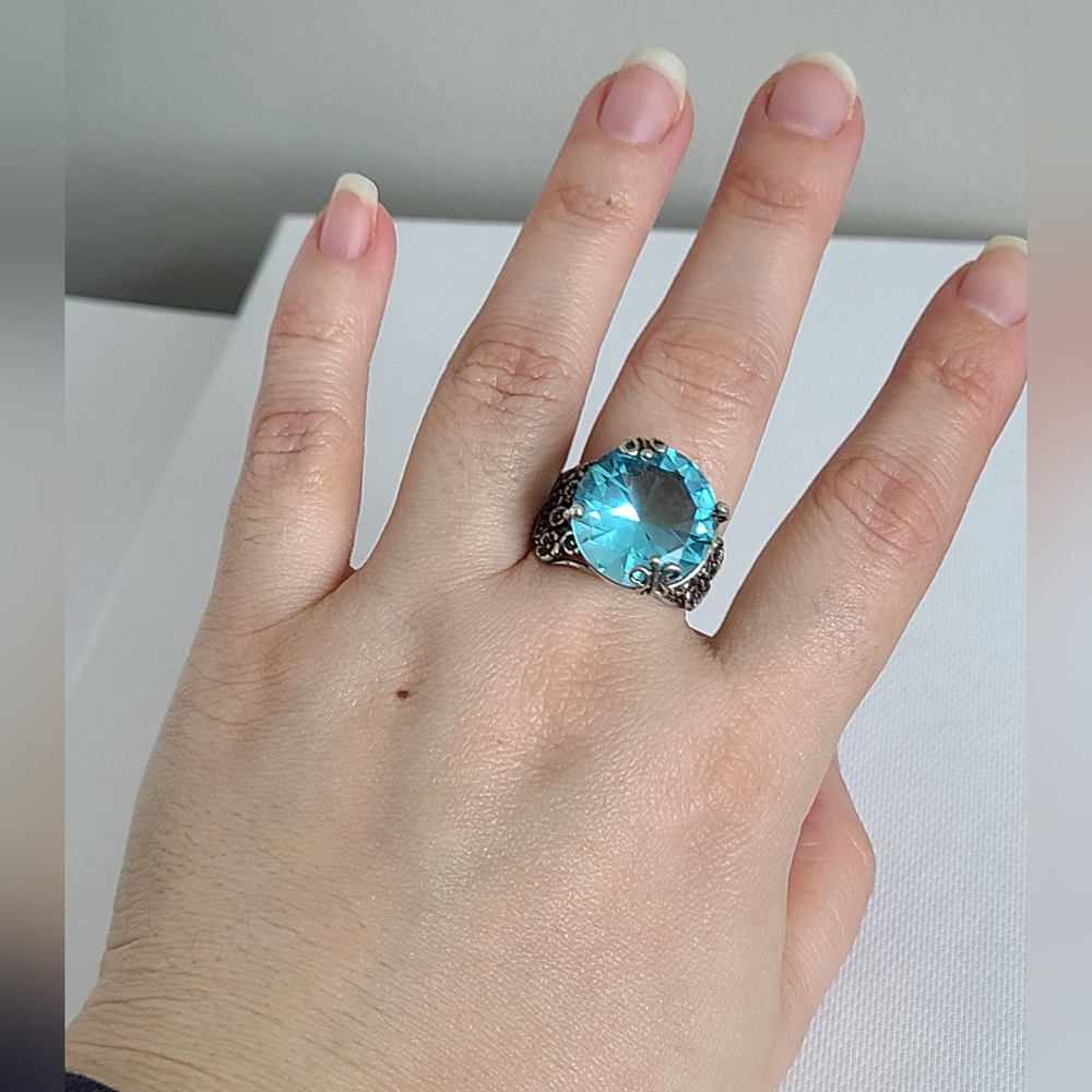 Vintage Sterling Silver Boho Chunky Blue Topaz Solitaire Floral Statement Ring - Picture 11 of 14